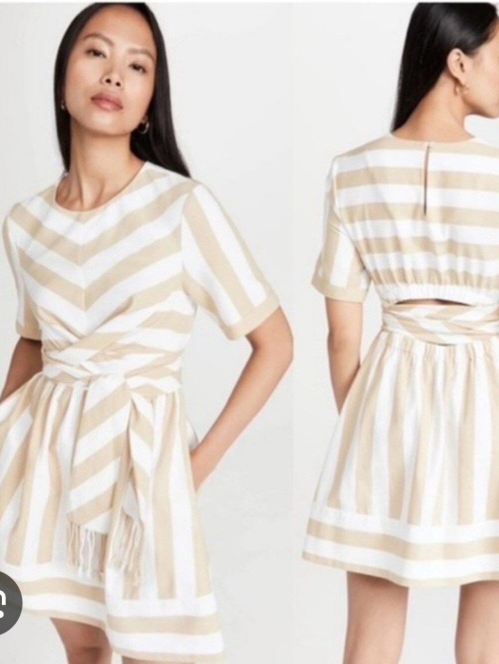 STAUD York Beige and White Striped Twist-Waist Tie Wrap Open Back Dress Size XS